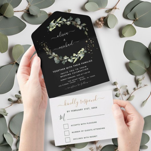 Invitation Tout En Un Eucalyptus Black Green Mariage Élégant Moderne