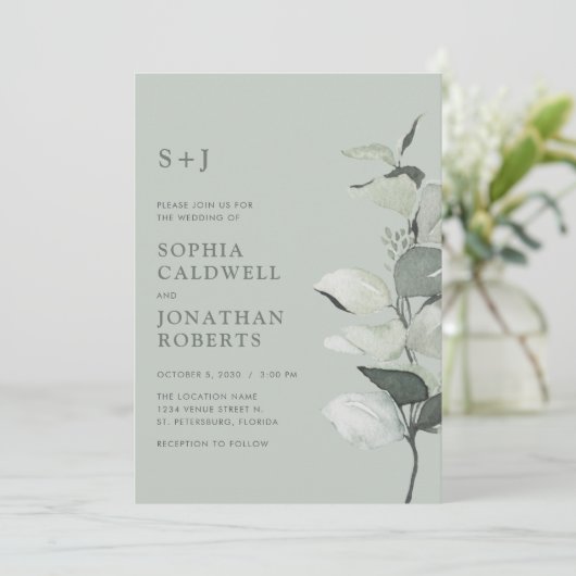 Invitation Tout en un Eucalyptus Botanique Mariage Sage (Debout devant)