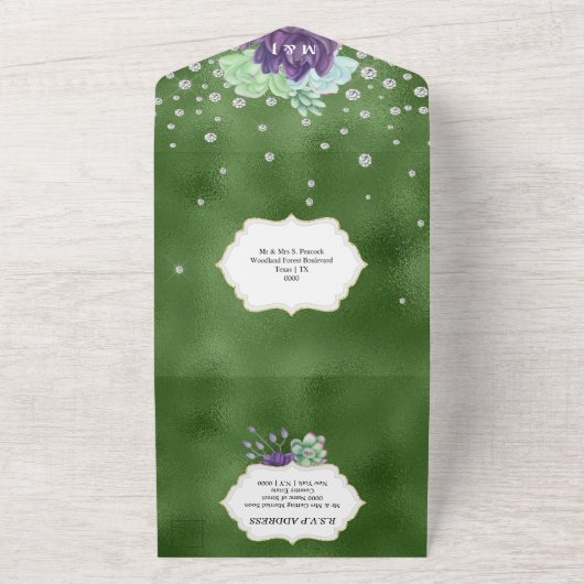 Invitation Tout En Un Eucalyptus cactus émeraude violet shimmer mariage (Dehors)