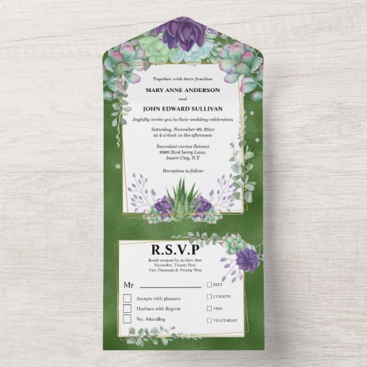 Invitation Tout En Un Eucalyptus cactus émeraude violet shimmer mariage (À l'intérieur)