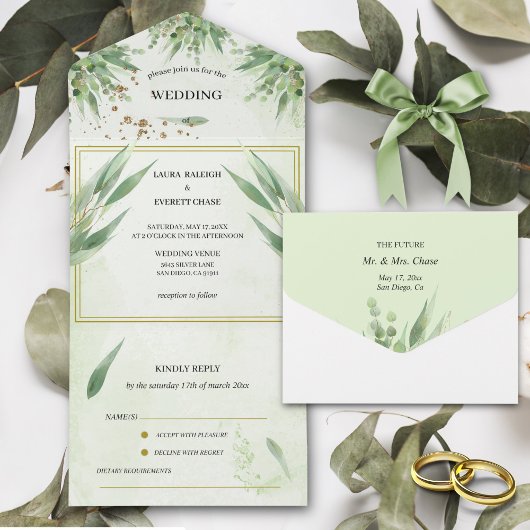 Invitation Tout En Un Eucalyptus Cadre Vert Or Feuillage Aquarelle