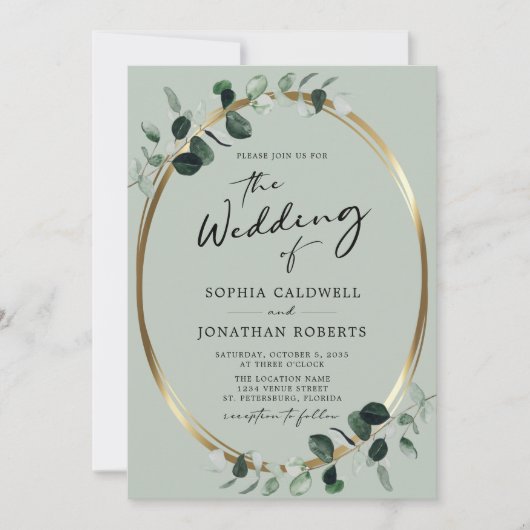 Invitation Tout en un Eucalyptus Calligraphie Sage Mariage (Devant)