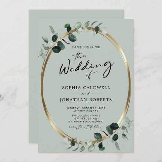 Invitation Tout en un Eucalyptus Calligraphie Sage Mariage (Devant / Derrière)