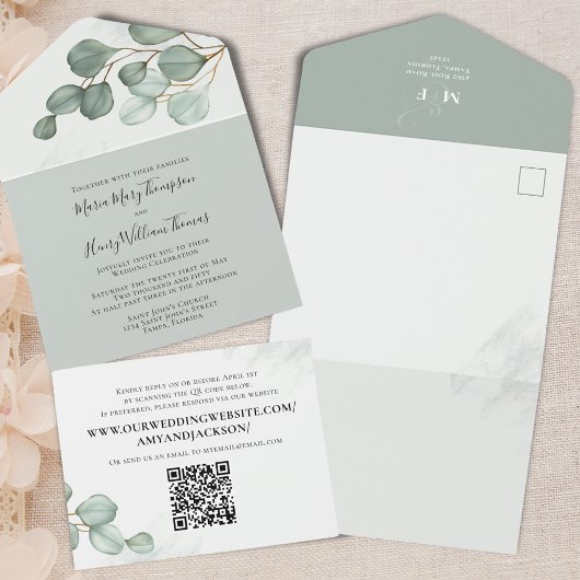 Invitation Tout En Un Eucalyptus Elegant Aquarelle Foliage QR Code