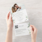 Invitation Tout En Un Eucalyptus feuille élégante photo code QR mariage (Déchirure)