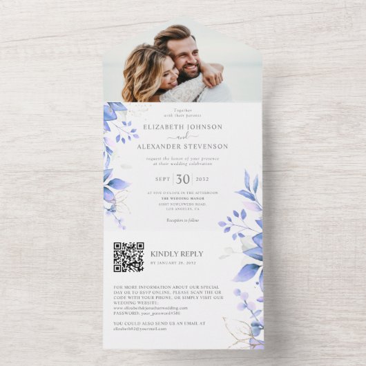Invitation Tout En Un Eucalyptus feuille élégante photo code QR mariage (À l'intérieur)