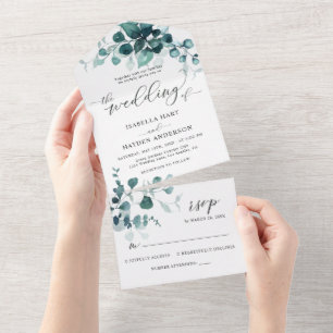 Invitation Tout En Un Eucalyptus Feuille verdure Turquoise Mariage de fe