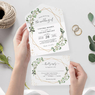 Invitation Tout En Un Eucalyptus Feuilles Géométrique Plié Mariage