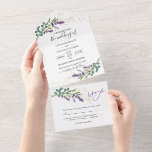 Invitation Tout En Un Eucalyptus Foliage Purple Lavender Flowers Mariage