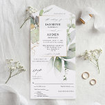 Invitation Tout En Un Eucalyptus Glow Gold Green Mariage V2<br><div class="desc">Envoyez facilement l'invitation et RSVP tout en extraordinaire vos invités avec votre belle Eucalyptus Glow Gold Mariage All In One Invitations. V2- texte plus épais</div>