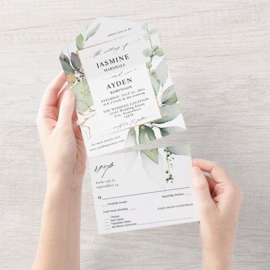Invitation Tout En Un Eucalyptus Glow Gold Green Mariage V2 (Déchirure)