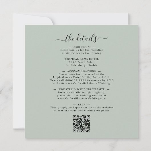 Invitation Tout en un Eucalyptus Gold Sage Carré Mariage (Dos)