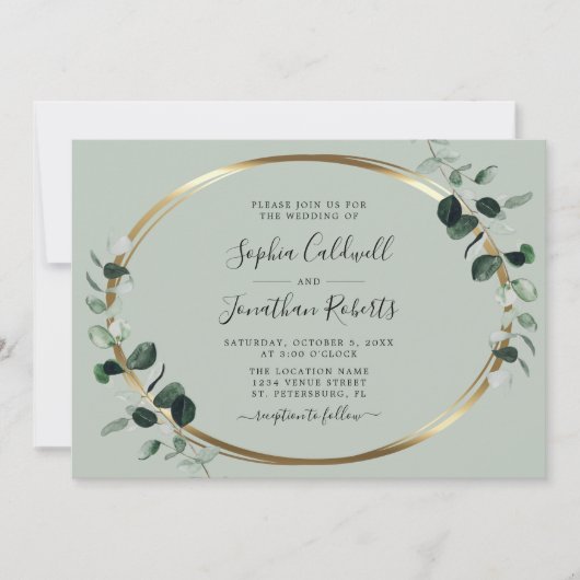 Invitation Tout en un Eucalyptus Gold Sage Mariage horizontal (Devant)