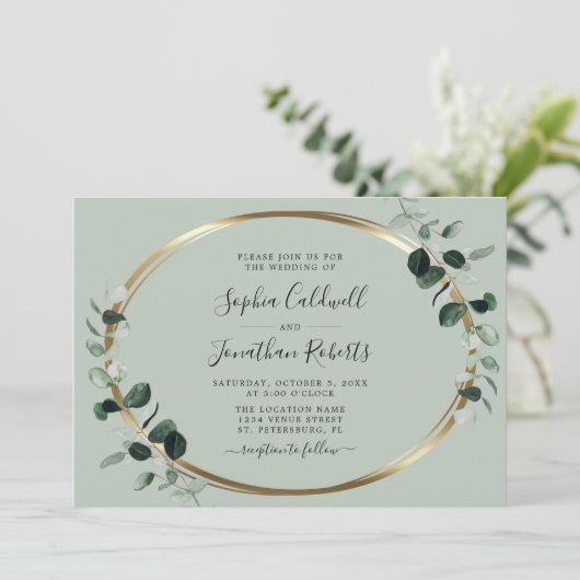 Invitation Tout en un Eucalyptus Gold Sage Mariage horizontal (Debout devant)