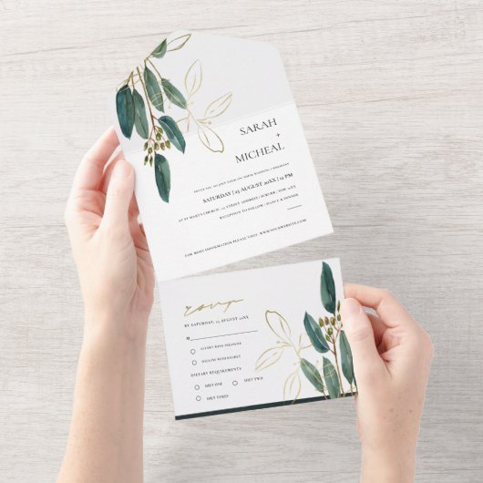 INVITATION TOUT EN UN EUCALYPTUS GREEN GOLD FOLIAGE EAU COULEUR MARIAGE (Déchirure)