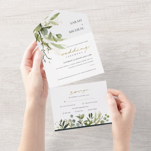 INVITATION TOUT EN UN EUCALYPTUS GREEN GOLD FOLIAGE EAU COULEUR MARIAGE (Déchirure)