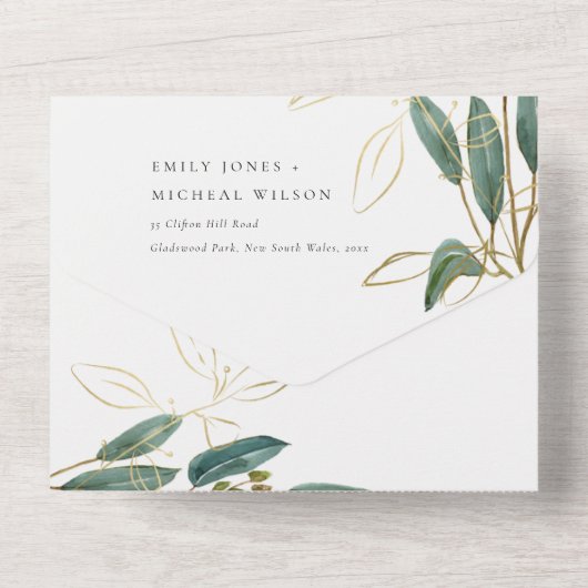 Invitation Tout En Un Eucalyptus Green Gold Foliage Mariage d'aquarelle (Verso)
