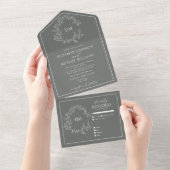 Invitation Tout En Un Eucalyptus Green Leafer Crest Monogram Mariage (Déchirure)