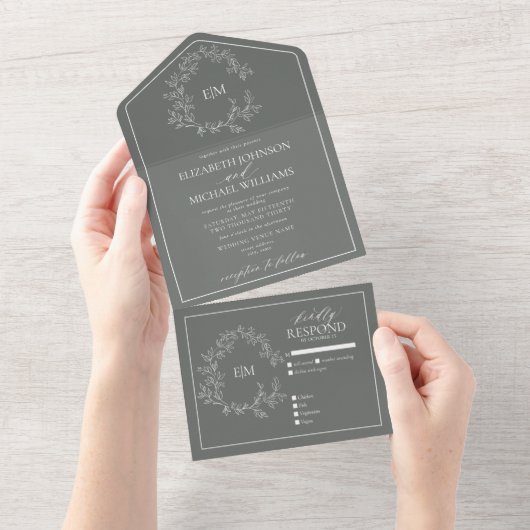 Invitation Tout En Un Eucalyptus Green Leafer Crest Monogram Mariage (Déchirure)