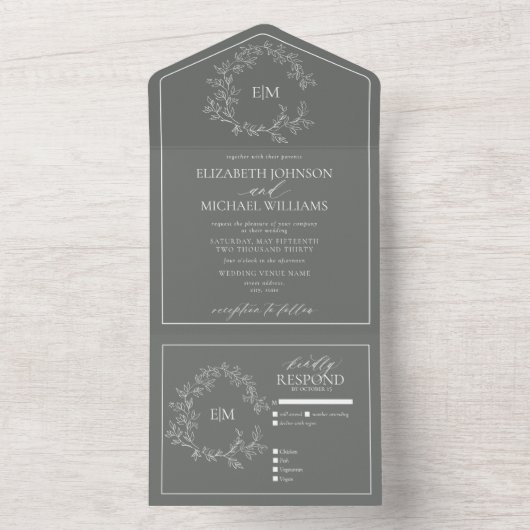 Invitation Tout En Un Eucalyptus Green Leafer Crest Monogram Mariage (À l'intérieur)