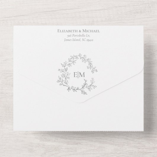 Invitation Tout En Un Eucalyptus Green Leafer Crest Monogram Mariage (Verso)