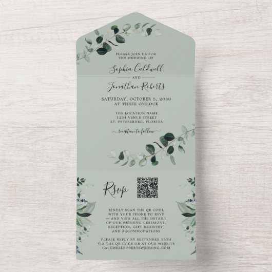 Invitation Tout En Un Eucalyptus Green QR Code RSVP Sage Mariage (À l'intérieur)