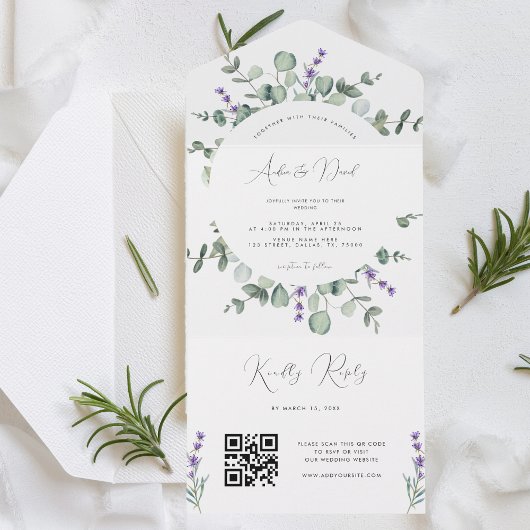 Invitation Tout En Un Eucalyptus Lavender Script QR Code Printemps Maria