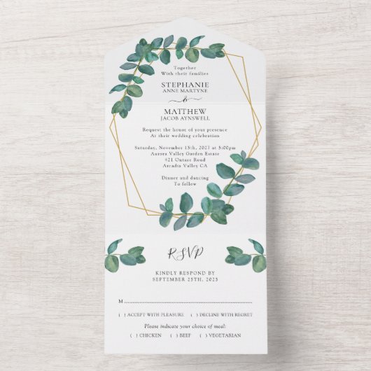Invitation Tout En Un Eucalyptus Leaf Élégant Mariage géométrique (À l'intérieur)