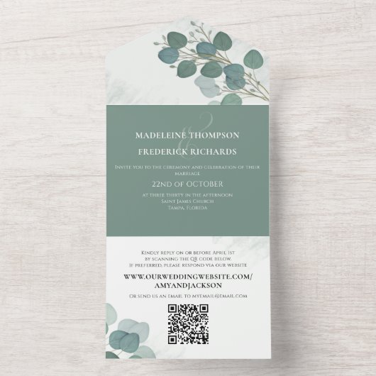 Invitation Tout En Un Eucalyptus moderne Élégant Foliage rustique Code Q (À l'intérieur)