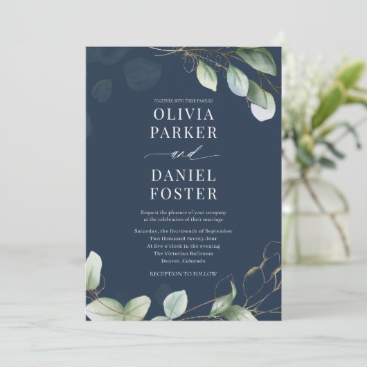 Invitation Tout en un Eucalyptus Navy Blue QR Code Mariage (Debout devant)