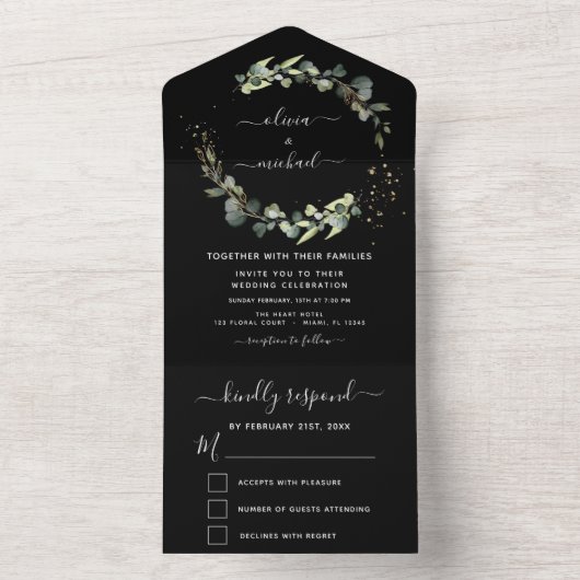 Invitation Tout En Un Eucalyptus noir Mariage Élégant (À l'intérieur)
