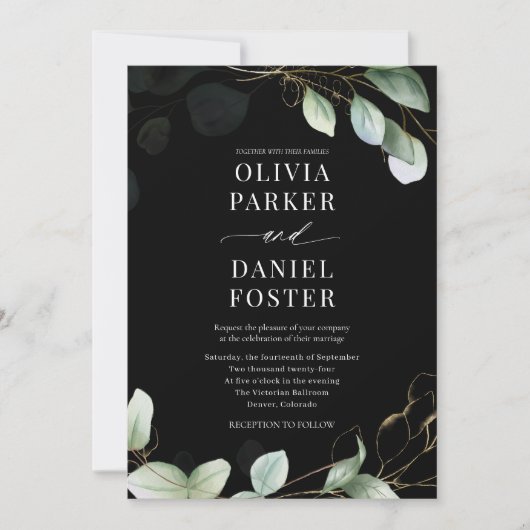 Invitation Tout en un Eucalyptus Noir QR Code Mariage (Devant)