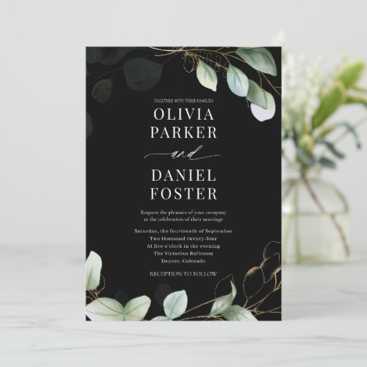 Invitation Tout en un Eucalyptus Noir QR Code Mariage (Debout devant)