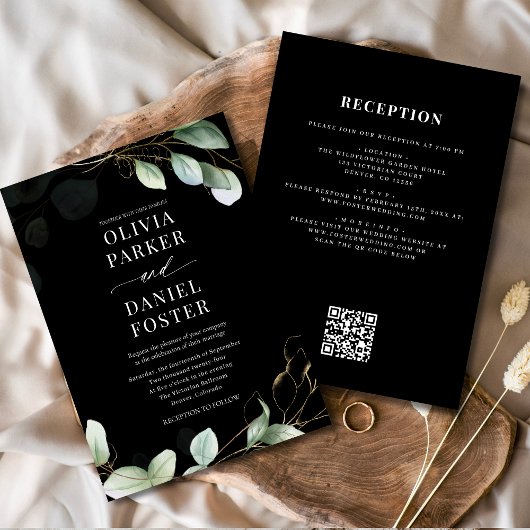 Invitation Tout en un Eucalyptus Noir QR Code Mariage