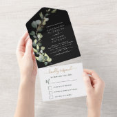 Invitation Tout En Un Eucalyptus Noir Vert Mariage Élégant Moderne (Déchirure)