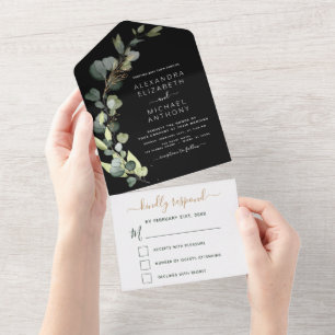 Invitation Tout En Un Eucalyptus Noir Vert Mariage Élégant Moderne