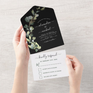 Invitation Tout En Un Eucalyptus Noir Vert Mariage Élégant Moderne