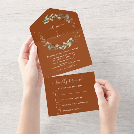 Invitation Tout En Un Eucalyptus Orange Brûlé Mariage Élégant (Déchirure)
