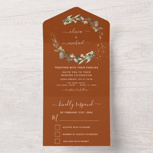 Invitation Tout En Un Eucalyptus Orange Brûlé Mariage Élégant (À l'intérieur)