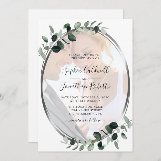 Invitation Tout en un Eucalyptus Photo Mariage en argent (Devant / Derrière)