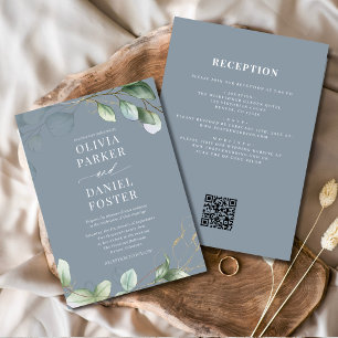 Invitation Tout en un Eucalyptus QR Code Dusty Mariage bleu