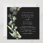 Invitation Tout en un Eucalyptus QR Code Mariage noir (Devant)