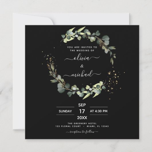 Invitation Tout en un Eucalyptus QR Code Mariage noir (Devant)