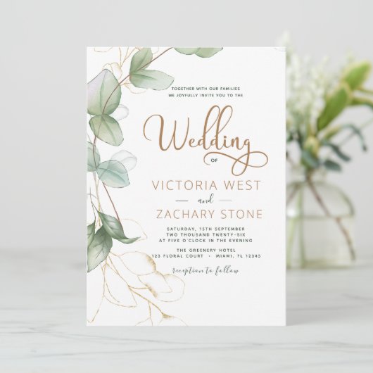 Invitation Tout en un Eucalyptus QR Code Mariage Vert (Debout devant)