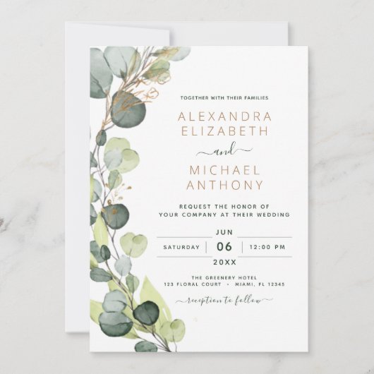 Invitation Tout en un Eucalyptus QR Code Mariage Vert (Devant)