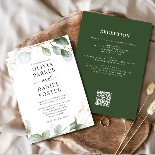 Invitation Tout en un Eucalyptus QR Code Mariage vert