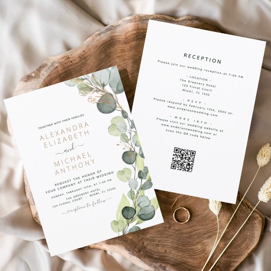 Invitation Tout en un Eucalyptus QR Code Mariage Vert