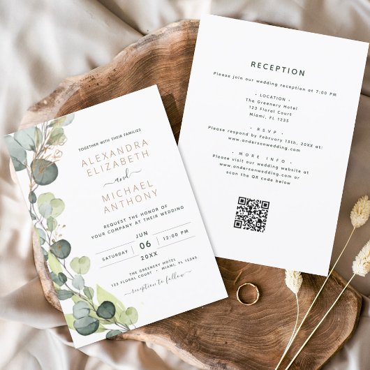 Invitation Tout en un Eucalyptus QR Code Mariage Vert