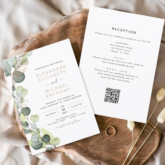 Invitation Tout en un Eucalyptus QR Code Mariage Vert