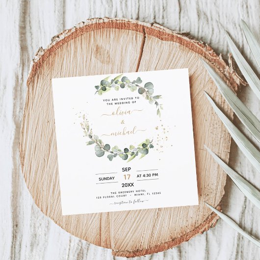 Invitation Tout en un Eucalyptus QR Code Mariage vert